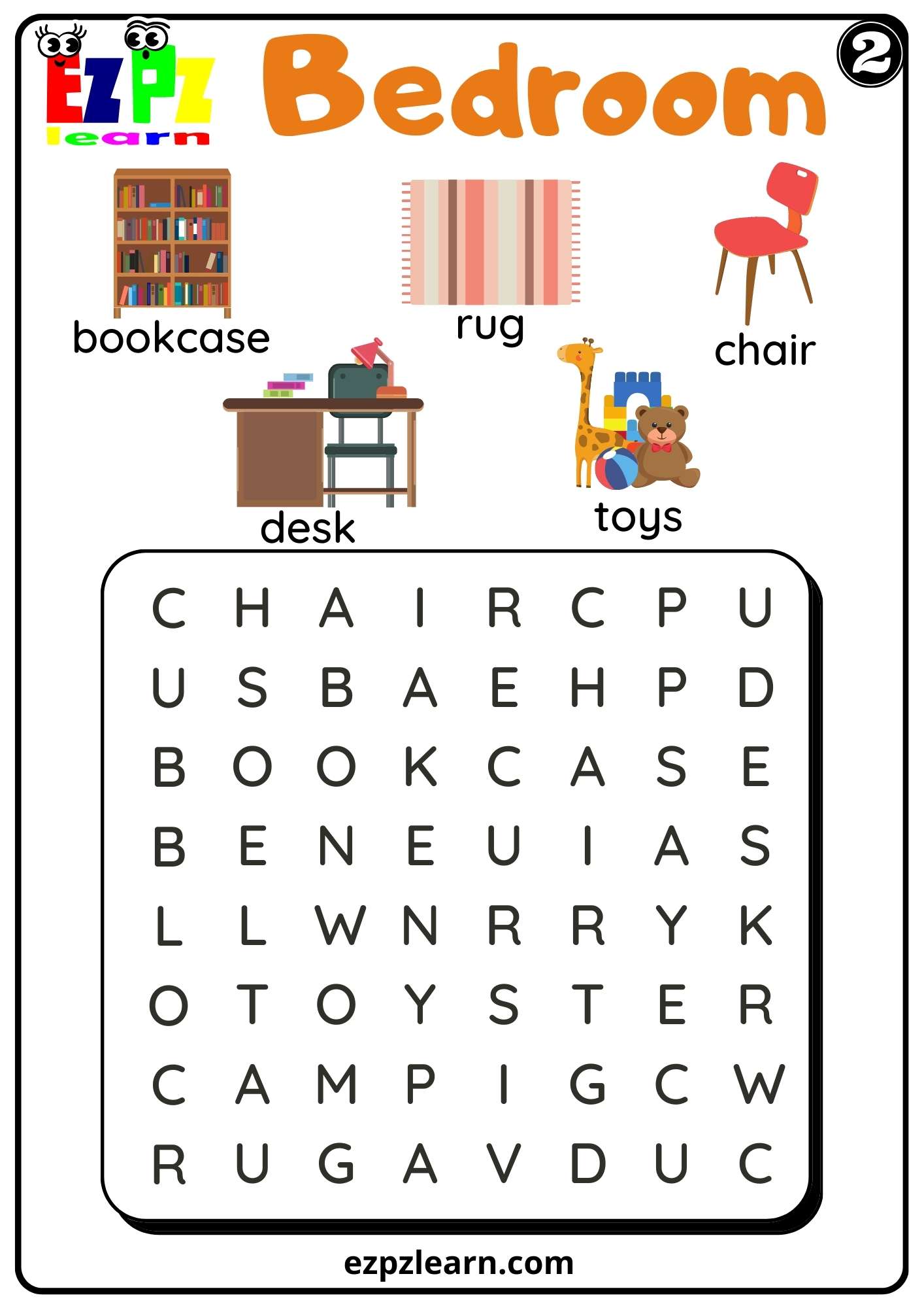 Set 2 Bedroom Word Search Worksheet for ESL Students and Homeschool PDF